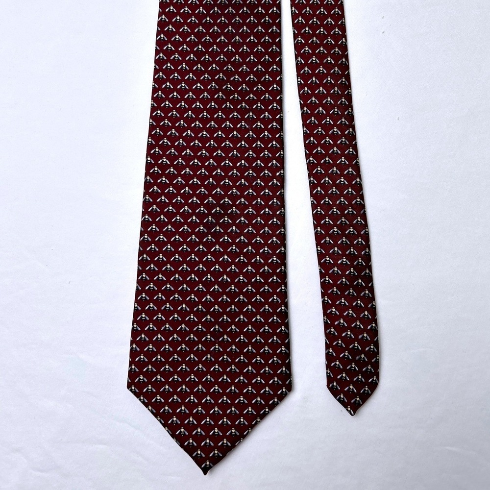 Brooks Brothers Mens Bee Print Silk Classic Necktie OS Burgundy Preppy Office